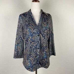 Vtg Requirements S Button Blouse Teal Paisley 90s Western Fairy Grunge Office